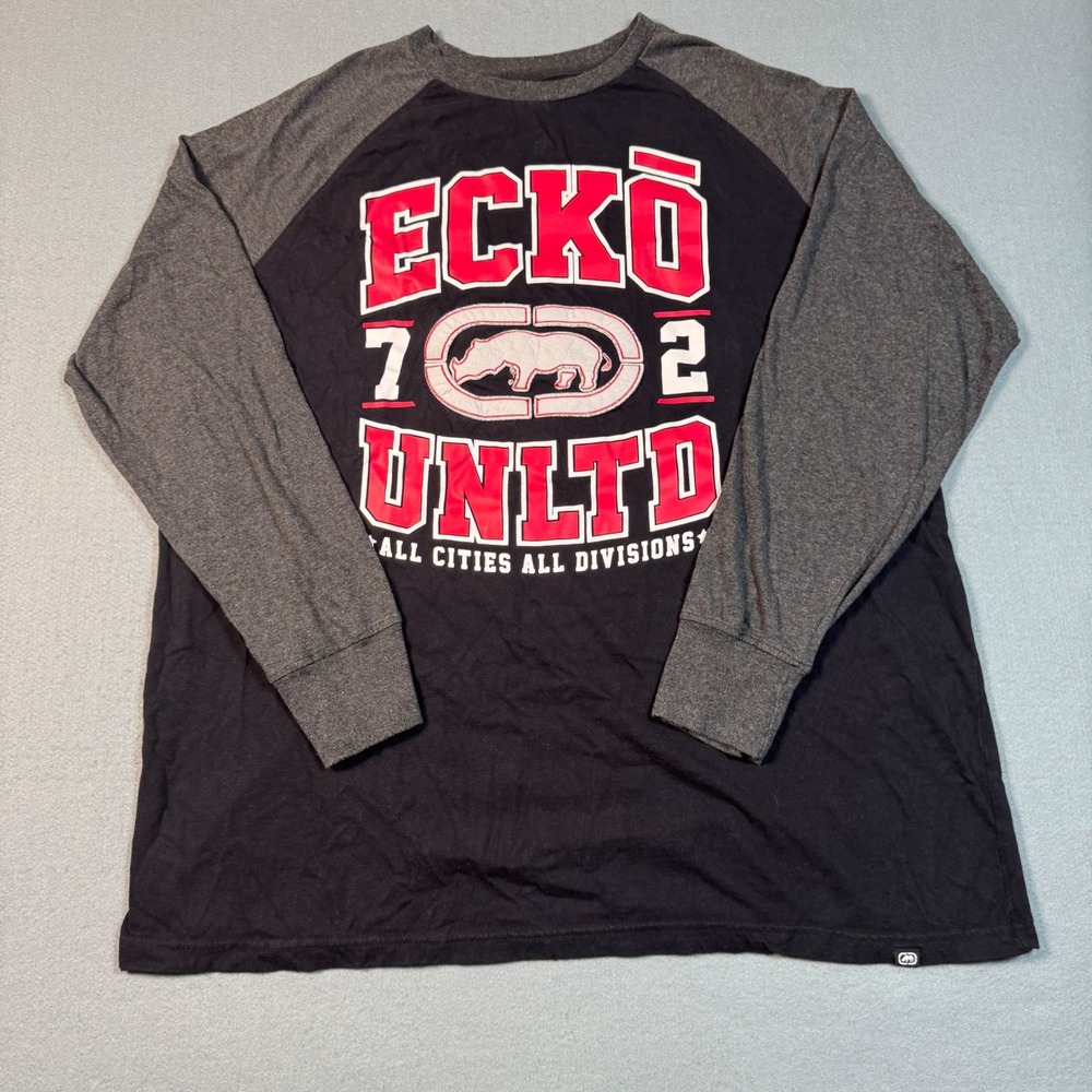 Ecko Unltd Mens 2XLT Long Sleeve Raglan Graphic T-Shirt Black Grey‎ Rhino Logo